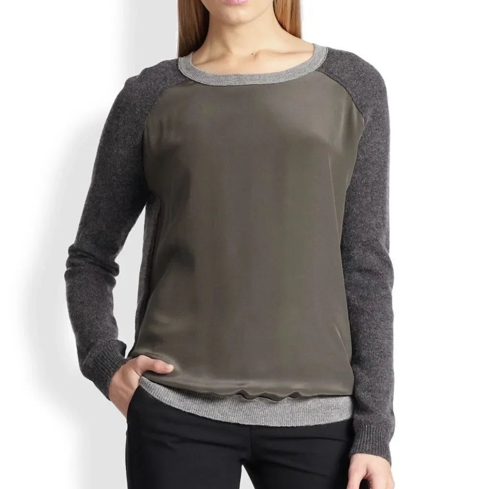 Vince Gray Cashmere Blend Sweater with Silk Olive Front Crew Neck size M